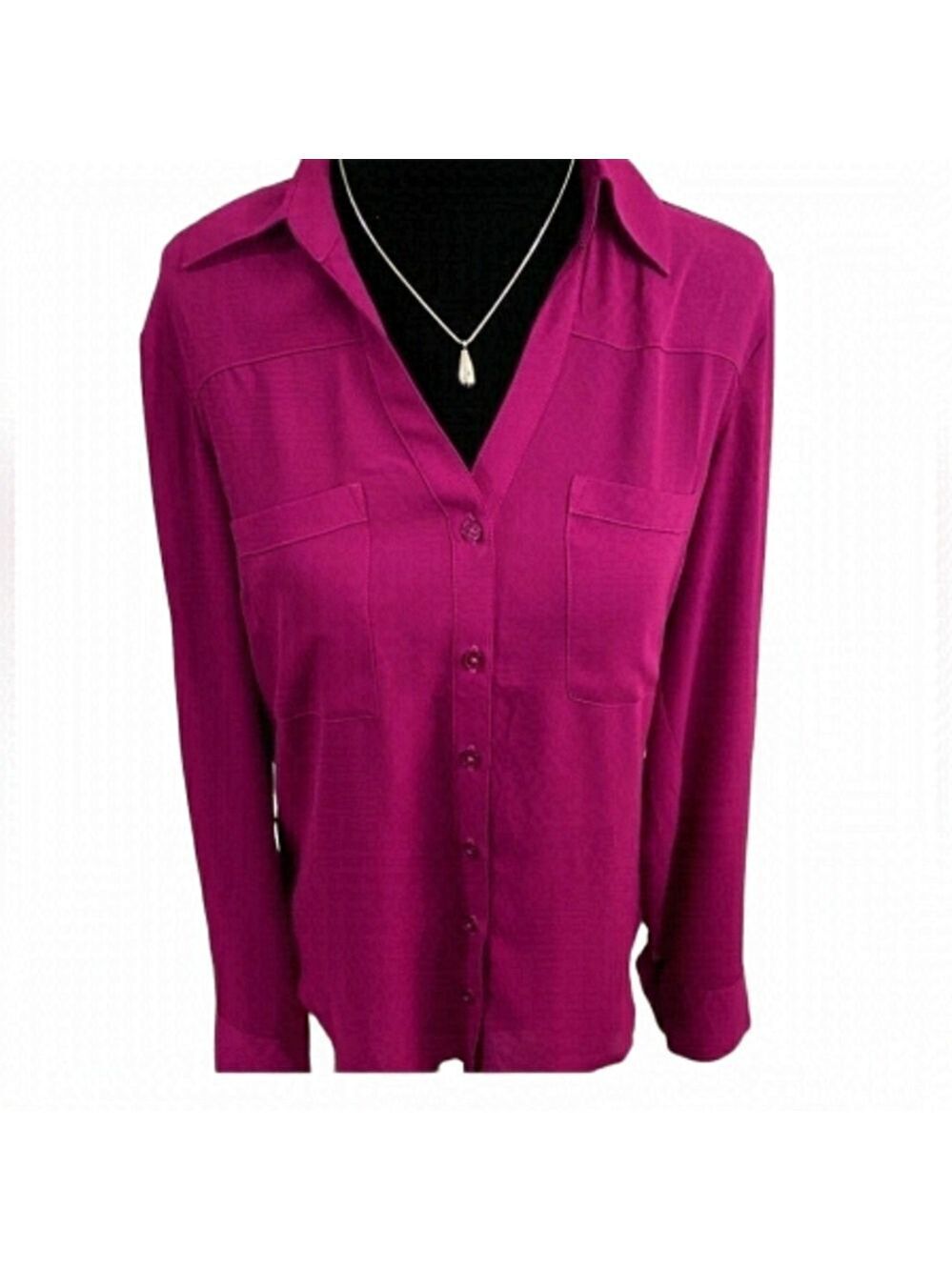 EXPRESS Semi Sheer Long Sleeve Button Down Blouse Magenta Color Size Small